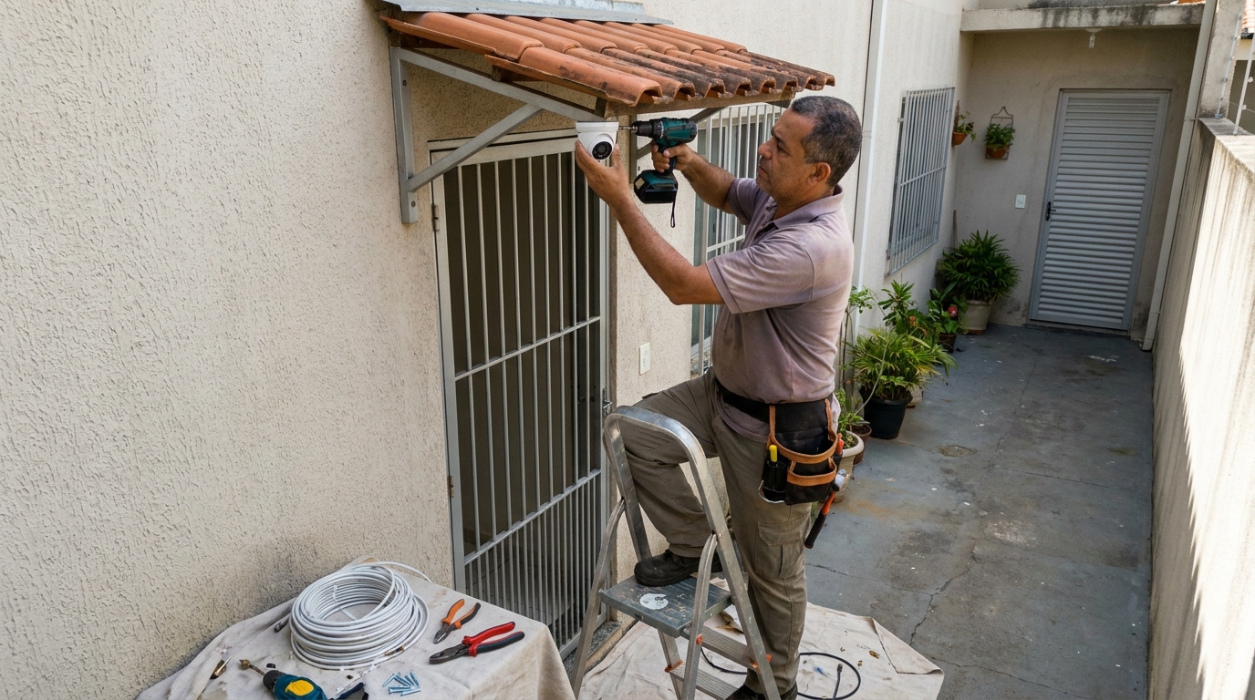 Eletricista instalando cameras de seguranca em Criciúma‑SC