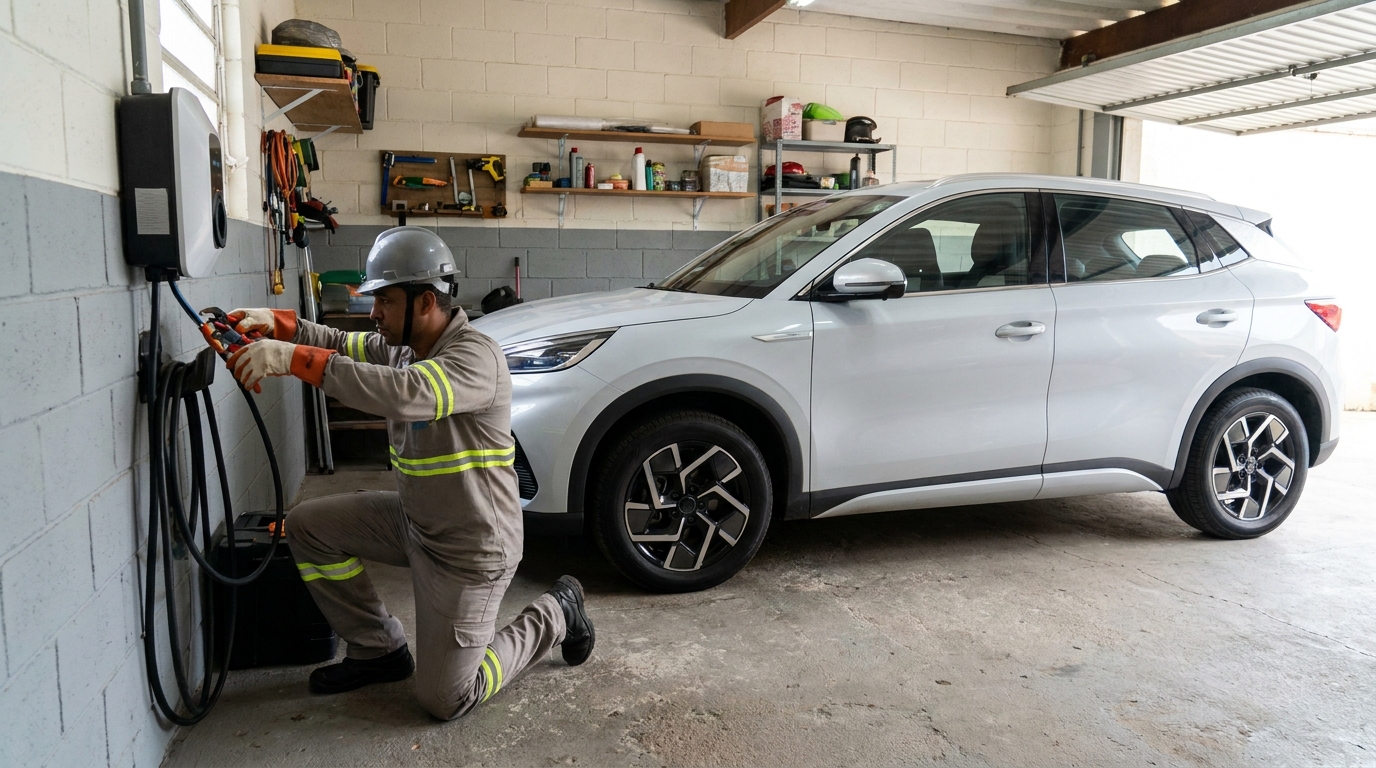 Eletricista instalando carregador de carro eletrico em Criciúma‑SC