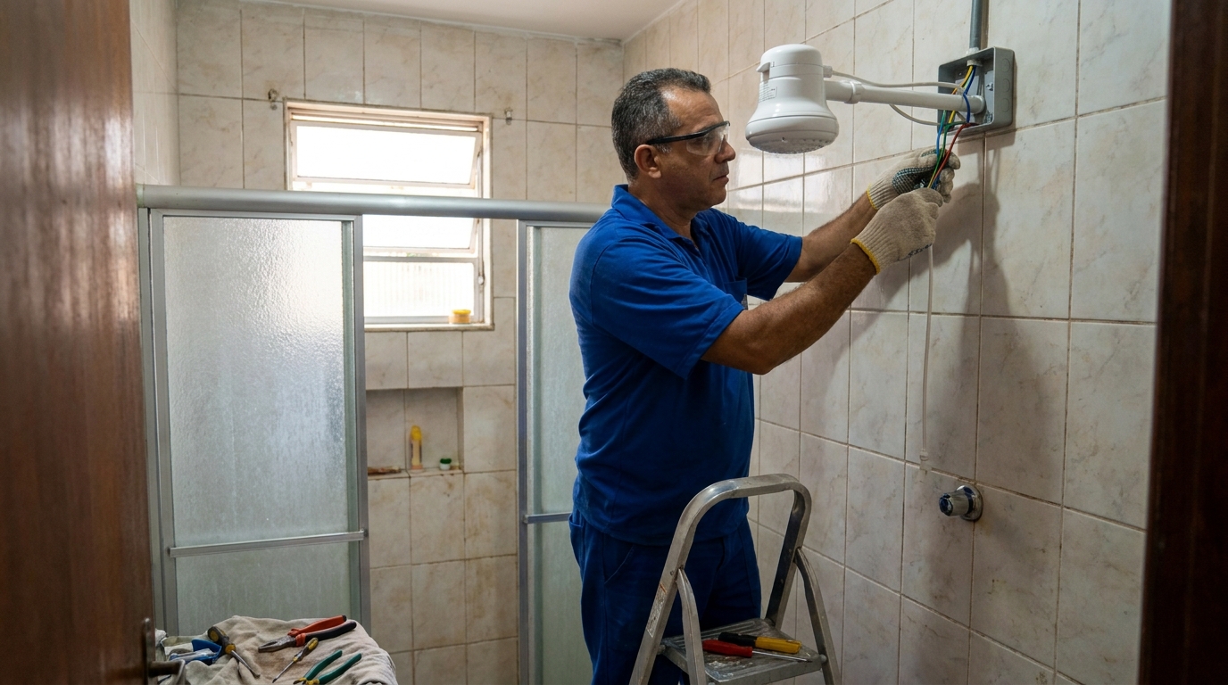 Eletricista instalando chuveiro eletrico em Criciúma‑SC