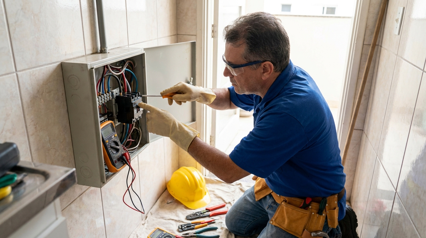 Eletricista instalando disjuntor em Criciúma‑SC