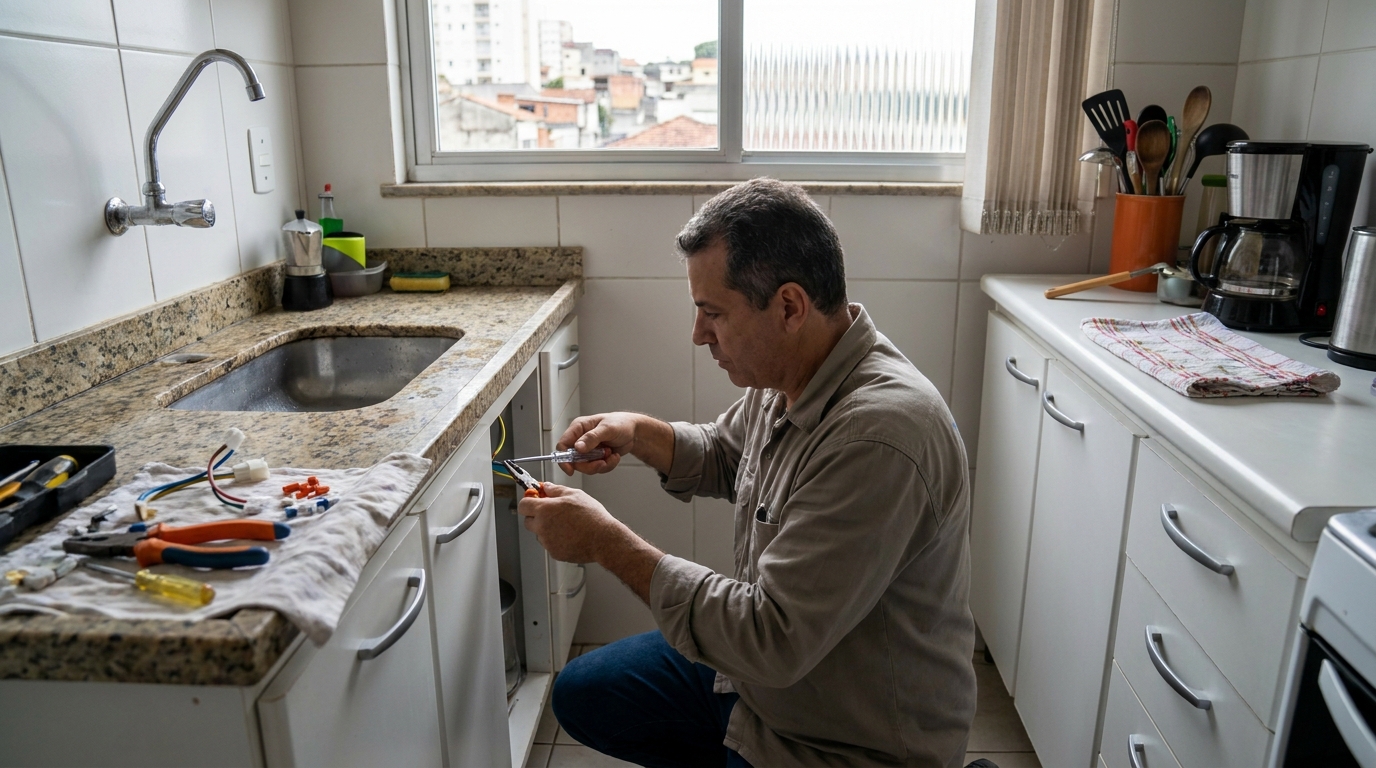 Eletricista instalando torneira eletrica em Criciúma‑SC