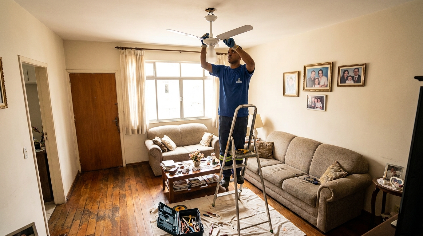 Eletricista instalando ventilador de teto em Criciúma‑SC